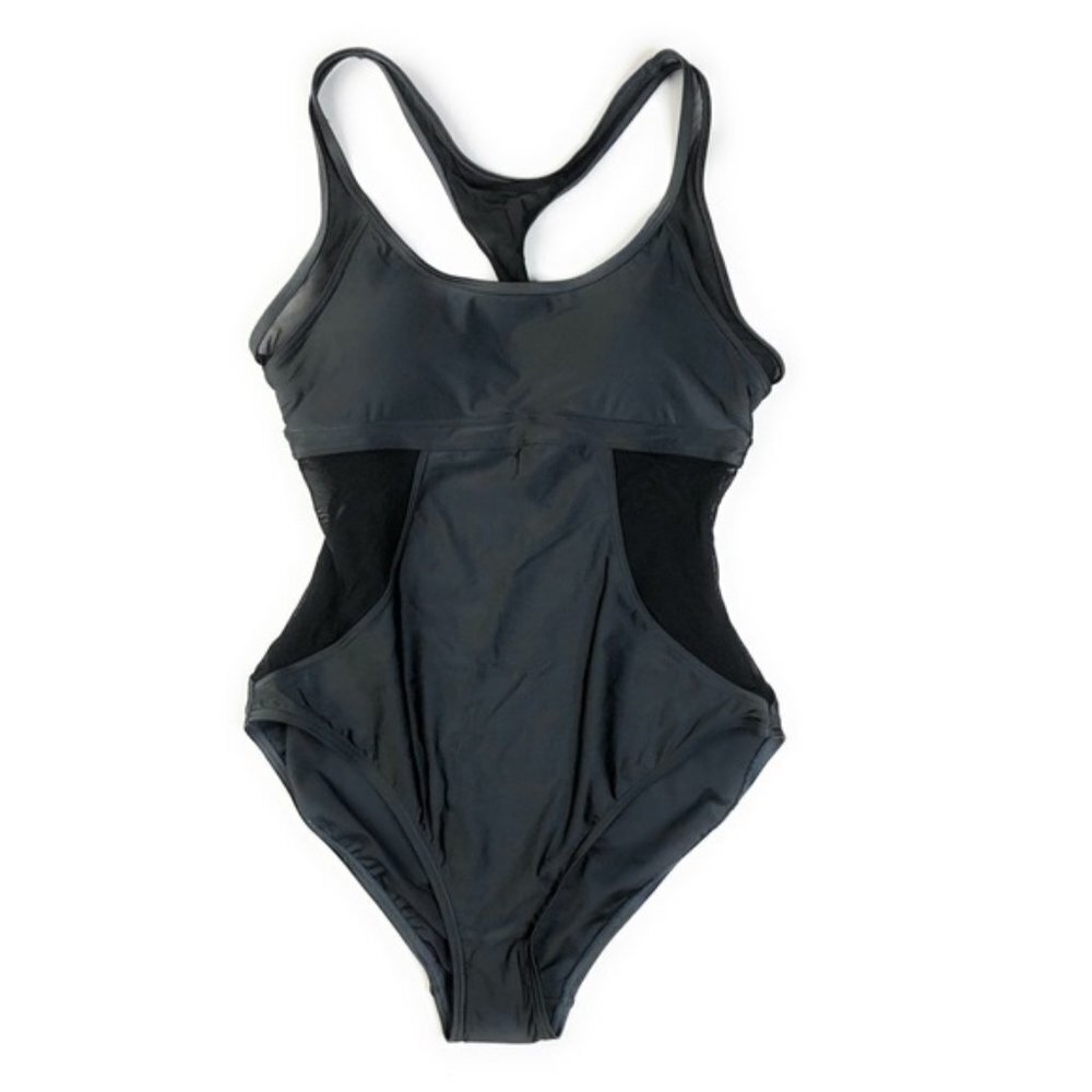 Moontide Metallic Gray Mesh One Piece Swimsuit NWT